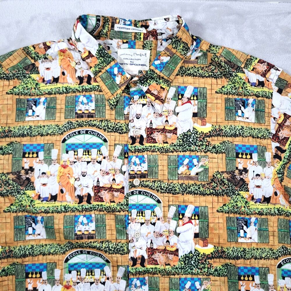 Reyn Spooner Guy Buffet Shirt Mens XL Ecole De Cuisine French Chef Hawaiian AOP